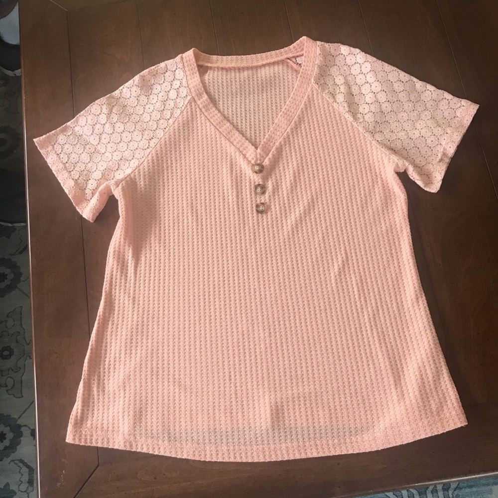 Peach Lace Sleeve V-Neck Top‎